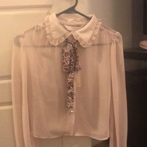 LC Lauren Conrad Cream/Blush Tie-Neck Top